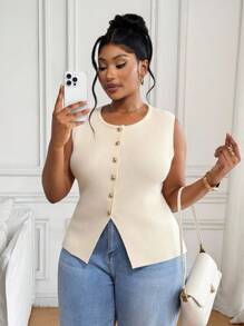 SHEIN PETITE CURVE 大码女式休闲纯色前扣无袖针织上衣，夏季 - 杏色 - 查看 5