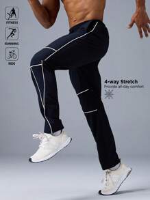 Manfinity Sport Polished Men's Contrast Color Trim Outdoor Sport Pants Sweat-Wicking Lightweight Comfortable Running Muscle Minimalist Design Slim Fit For Workout Joggers Gymwear - Navy Blue - View 4