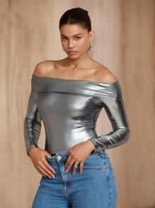 SHEIN Unity 女士派对夜出闪亮银色 Y2K 风格露肩长袖紧身衣，时尚优雅性感造型，秋冬外出装 - 銀色 - 查看 4