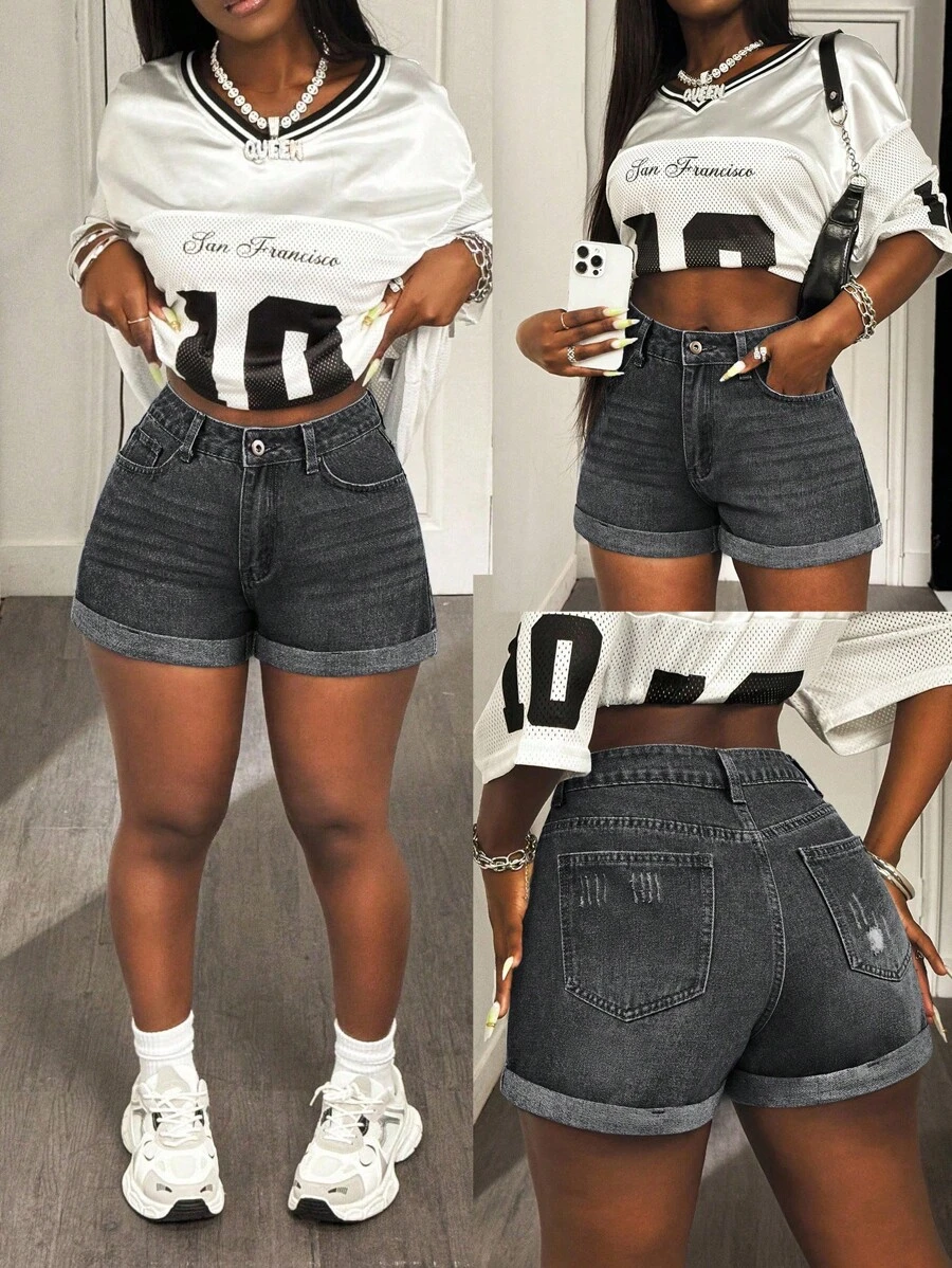 Slaydiva Women's Casual Denim Shorts With Pockets, For Summer Daily Wear - Grey - View 1