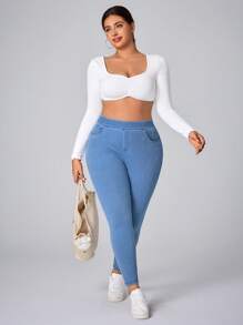 Flexra Plus Size Women Bowknot Elastic Fitted Pants - Medium Wash - View 7