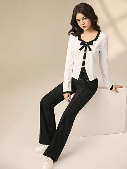 SHEIN 2 件套少女优雅白色针织方领蝴蝶装饰短袖 T 恤 + 修身喇叭长裤，2 件套服装