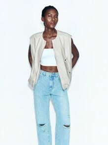 Maija Damen Lässig Pendler einfarbige ärmellose Jacke Kurze Jacke Kurze Blazer Crop Top Jacke Offene Vorderseite Top Ausgehen Tops Herbst Damen Herbst Damen Herbst Damen Herbst Winter Winterjacke Schule