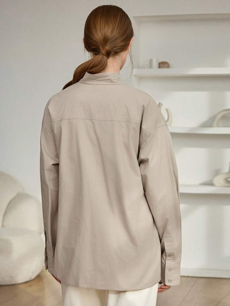 Dazy-Less 女士宽松商务休闲抽绳领带衬衫，简约长袖衬衫，适合办公室穿着，春秋装，秋季女装 - 卡其色 - 查看 9