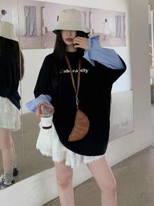 DAZY 女式字母印花仿二合一格子袖口宽松休闲 T 恤秋季上衣长袖上衣 - 黑色 - 查看 3