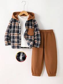 Genkimix Kids 小男孩格子长袖单排扣口袋连帽衬衫和裤子休闲套装 - 彩色 - 查看 1