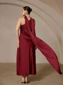 Aveloria Rosie Plus Size Sleeveless Midi Dress With Asymmetrical Asymmetric Hem, High Waist, Wrapped Satin Scarf, Party Dress - Burgundy - View 2