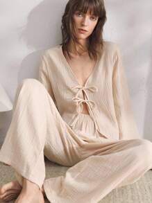 Ocili 女士休闲系带纹理上衣和裤子睡衣套装、服装、秋装 - 卡其色 - 查看 1