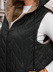 SHEIN Clasi 女士加大码棉质羽绒背心，优雅长款无袖羽绒背心，带口袋，保暖连帽棉质羽绒背心，适合秋冬季节穿着。 - 黑色 - 查看 9