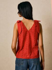 Poéselle 女式休闲无袖上衣，肩部有刺绣和结饰 - 紅色 - 查看 2