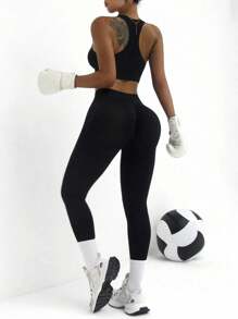 Easithlete 女士纯色吊带背心和紧身裤运动套装女士健身套装 - 黑色 - 查看 3