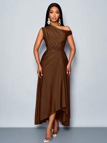 SOLERSUN Women's Spring And Summer Fashion Elegant Date Party Purple Stretch Knit Comfort Gathered Details Draped Dress Asymmetric Neckline Asymmetric Hem Slit Long Dress - Brown - View 4