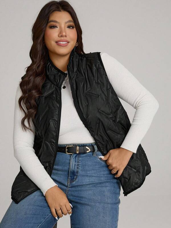 Comfylo Plus Size Solid Color Front Zip Sleeveless Pocket Casual Padded Coat, Daily Wear