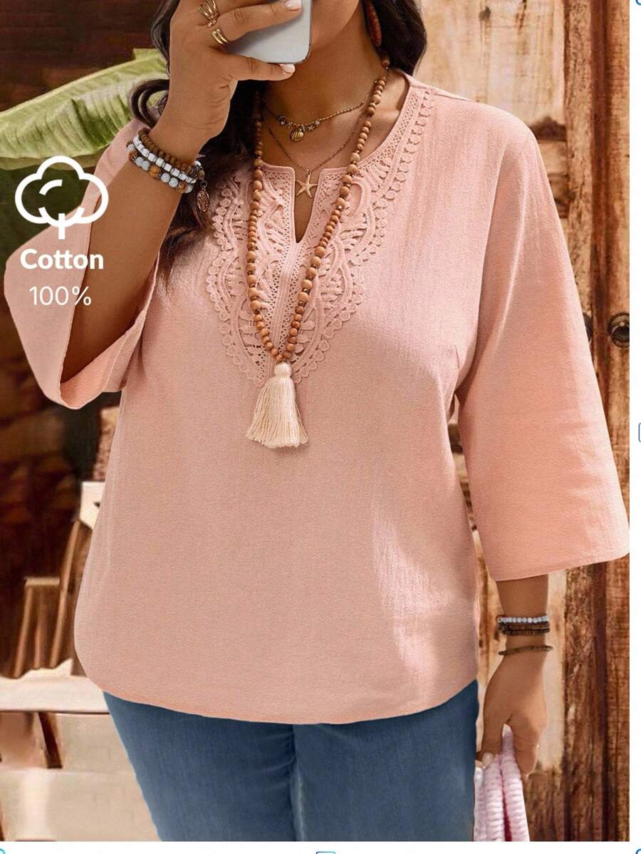 EMERY ROSE 大码女式休闲宽松简约粉色缺口衬衫，适合日常穿着波西米亚风衬衫 V 领女式衬衫秋季女式乡村音乐会、外出上衣