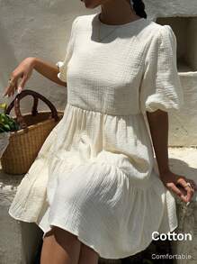 SHEIN EZwear Fall Clothes  Casual Bubble Skirt Solid Color Lantern Sleeve Dress - White - View 5
