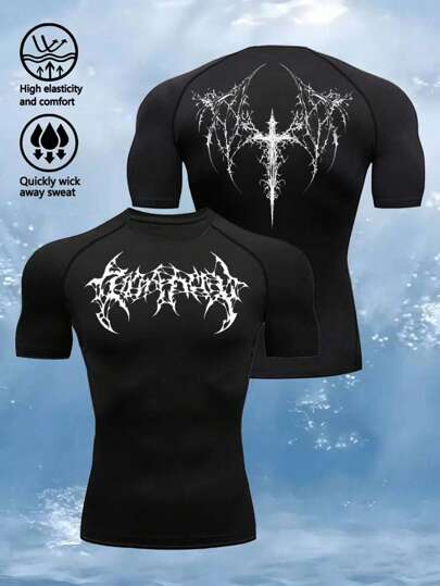 Manfinity Sport Corelite 1 Stück Herren Lässig Flügel Muster Rundhals Kurzarm Sport T-Shirt, Sommer Rash Guard Herren Kompressionsshirt Herren Grafik Kompressionsshirt Athletik Shirt Kompressionsshirt Figurbetontes Shirt Crew Neck Kompressionsshirt Herren