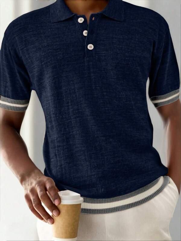 RueChic Herren einfarbiges Poloshirt mit halber Knopfleiste im Used-Look