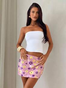 Aloruh Women's Summer Side Zipper Floral Sequin Embellished A-Line Skirt - Multicolor - View 6