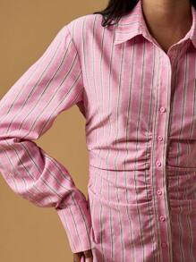 MISSGUIDED Long Sleeve Button Down Mini Dress Collared Ruched Waist Striped Shirt Dress Fall Winter Spring Fashion Statement Business Professional Attire Classic Design - Pink - View 6