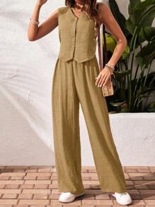 SHEIN Frenchy 女式无袖纯色单排扣背心和裤子休闲两件套，夏季 - 薑色 - 查看 5