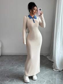 SHEIN Unity Long-Sleeved, Slimming Autumn/Winter Long Dress With Contrasting Color Stripes And Collars Fall Cloth For Women - Apricot - View 3