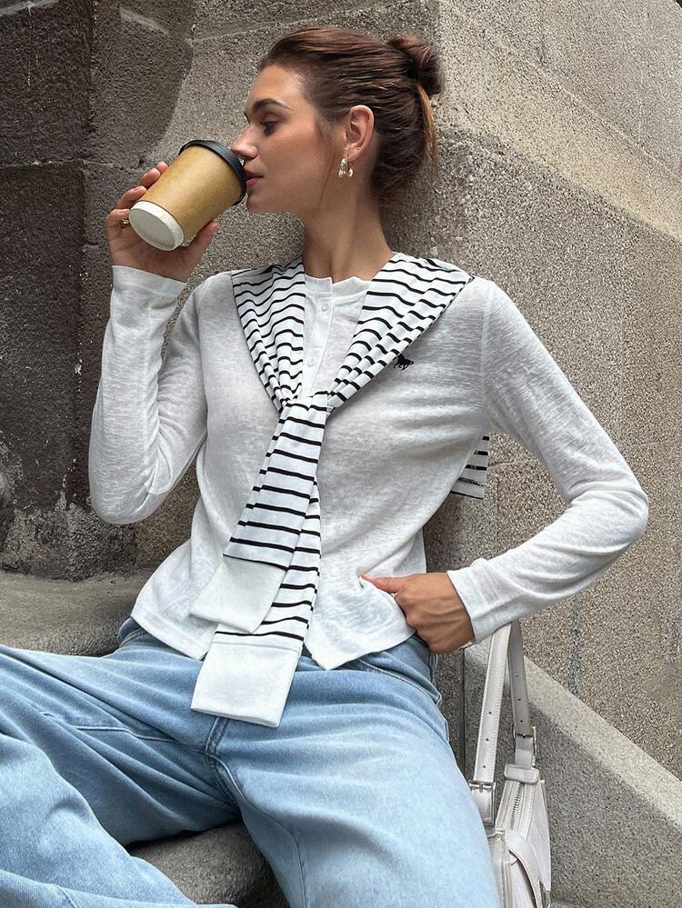 Women's Lightweight T-Shirt With Contrast Color Stripe & Graphic Print, Loose Fit, Spring/Autumn 2pcs Set Striped Cardigan Women Cardigan Cardigan For Women For Summer French Style Clothes