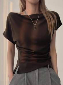 DAZY 女式斜肩褶饰腰休闲T恤学院风上衣 - 棕色 - 查看 5