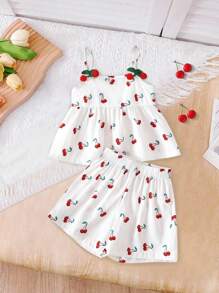 年轻女孩樱桃印花荷叶边下摆吊带背心和短裤套装 - 彩色 - 查看 1