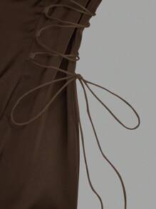 Elenzga 优雅杏色 A 字型束腰喇叭袖连衣裙长款缎面女装 - 巧克力棕 - 查看 6