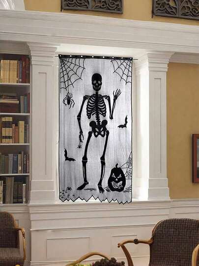 ROMWE Goth 1pc Black Lace Spider Web Skull Door Curtain With Human Bones - Halloween Home Door & Window Decoration,Home Decor,Holiday Decorations