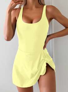 Swim Basics Women's Solid Color Side Knot One-Piece Swimsuit, Vacation For Summer - Yellow - View 3