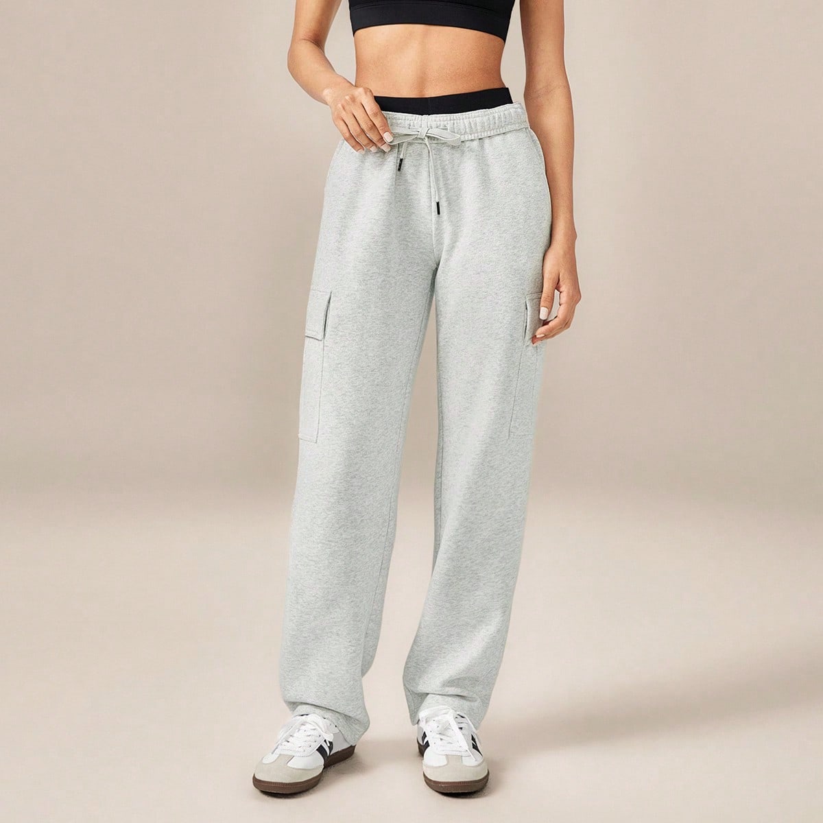 Pantalones cargo de pierna ancha de felpa para uso diario, con cintura ajustable con cordón, casuales