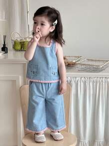 Hapijoa Ensemble blouse sans manches avec ligne décorative style coréen + pantalon large et ample en jean pour tout-petites filles - Jean clair - Voir 4