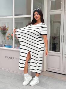 Solflare Plus Size Black & White Striped Split Sleeve Casual Dress,Sun Dresses For Women