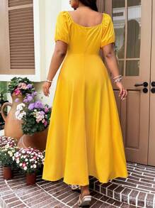 Solflare Solflare Plus Size Women Yellow Short Sleeve Casual Tie Front Waist Cinched Elegant Vacation Outfits Woman Casual Wedding Guest Dress, Spring/Summer, Sun Dress,Graduation Dress,Festival,Birthday Dresses For Women