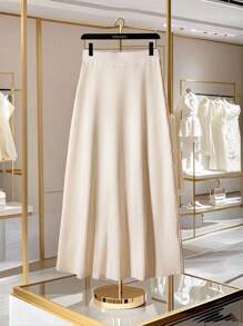 Franclia Elegant Minimalist Solid Color Knit Midi Skirt Knitted Sweater Clothes For University - Apricot - View 2