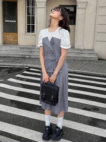 SHEIN 2 件套青少年女孩通勤风格白色拼接杏色短袖褶皱长裙，春夏 - 卡其色 - 查看 2