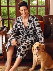 EverLounge Men's Geometric Print Shawl Collar Long Sleeve Elegant Bathrobe - Black - View 1