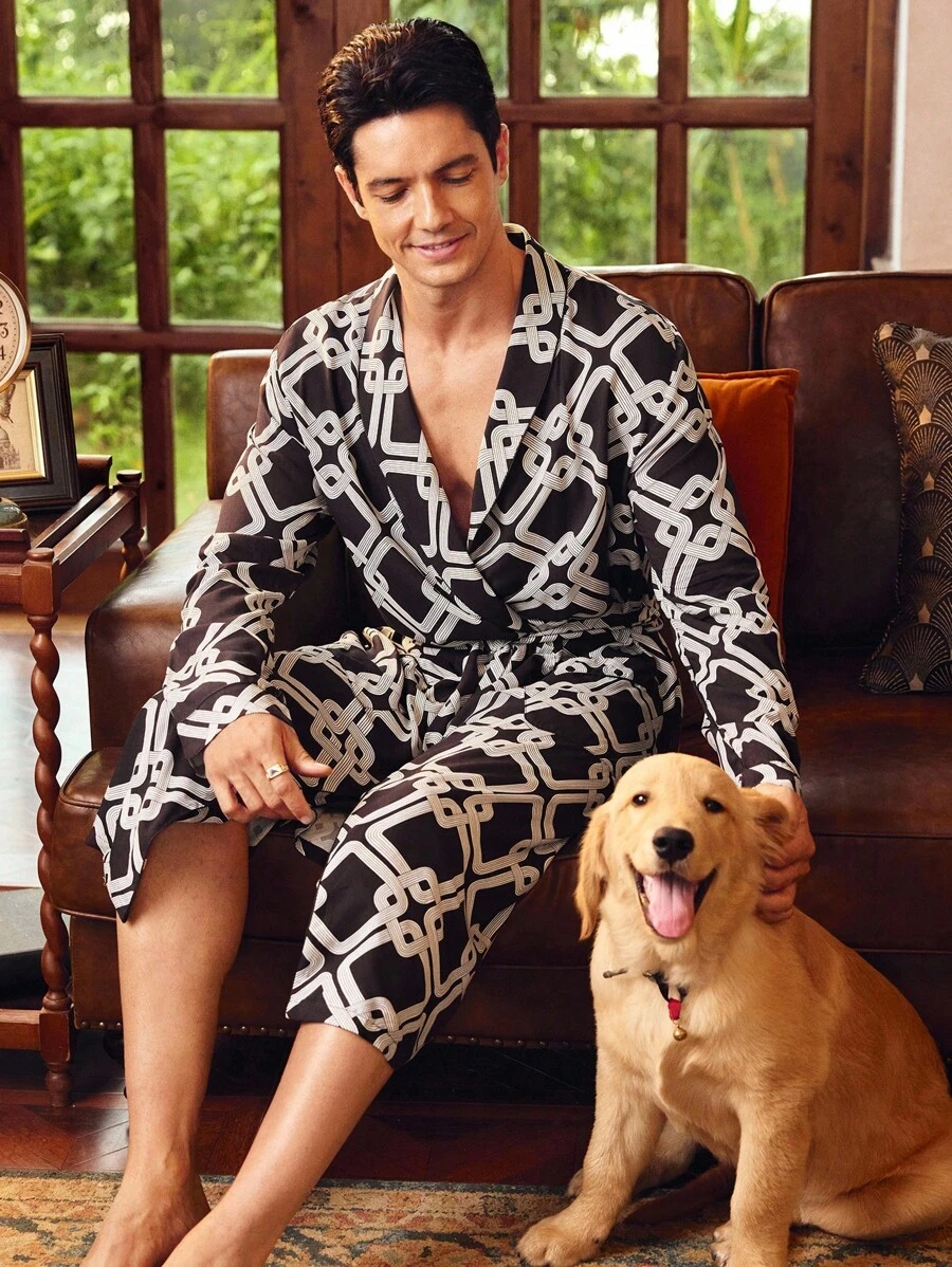 EverLounge Men's Geometric Print Shawl Collar Long Sleeve Elegant Bathrobe - Black - View 1