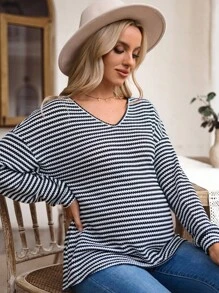 SHEIN Pregnant Women Spring/Autumn Casual Commuting Black & White Striped V-Neck Backless Twist Loose Sweatshirt