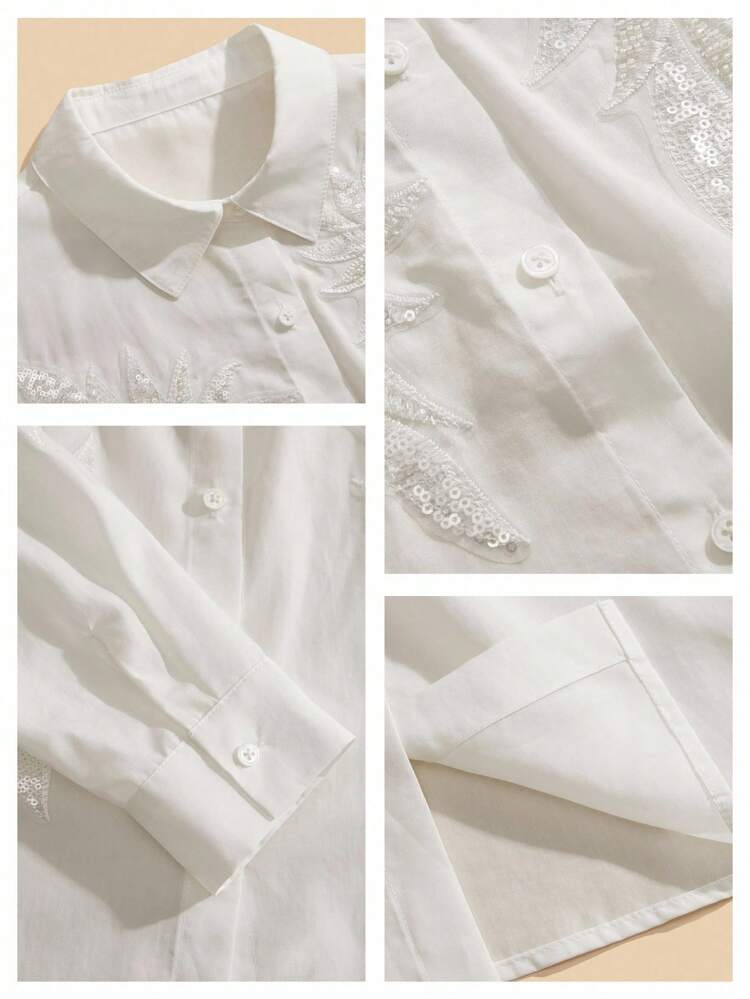 1pc Women's High-Quality Elegant Solid Color Embellishment Blouse, Standard Sizes