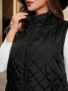 SHEIN Clasi 大码女式豹纹印花衬里口袋拉链前襟背心外套，适合秋冬季穿着 - 黑色 - 查看 8