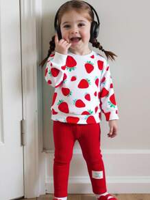 SHEIN 2 件套女婴春秋新款罗纹领草莓印花运动衫和修身打底裤，简约可爱运动休闲装