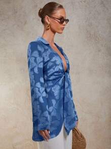 COSMINA Fall Women Clothes Floral Print Turndown Collar Long Sleeve Knotted Front Deep V Blouse,Shirts Gor Women - Blue - View 4