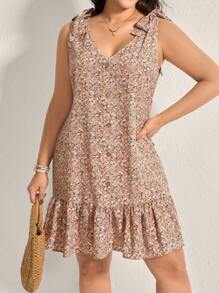 SHEIN LUNE Vestido de verano casual de mujer de talla grande con estampado floral diminuto y nudo en el hombro, ropa bohemia de verano, conjuntos de verano de estilo "Old Money", atuendos de primavera y festival