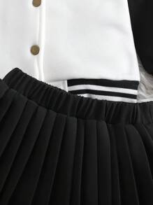 返校女孩休闲时尚棒球夹克 + 百褶裙 2 件套，学院风服装 - 黑與白 - 查看 5