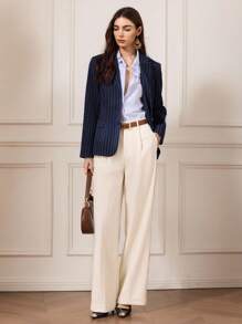 Briarwyn Áo khoác Blazer nữ tay dài thanh lịch in họa tiết sọc cài nút phía trước, mùa thu cho nữ, mùa đông cho nữ, phong cách cổ điển, trở lại trường, giáo viên cho nữ, áo khoác mùa đông - Màu xanh hải quân - Xem 7