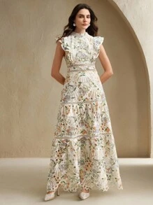 Anewsta 女士腰部收紧镂空刺绣印花优雅中长连衣裙，假日风格 - 淺藍色 - 查看 4