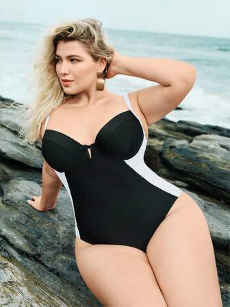 SHEIN Swim Curve Plus Size Color Block One-Piece Swimsuit For Beach & Holiday