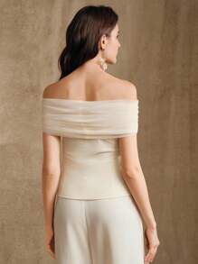 Anewsta Women's Elegant Fashionable Minimalist Mesh Patchwork Off Shoulder Knit Blouse - Apricot - View 7